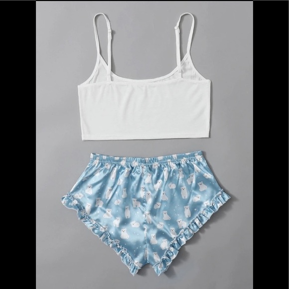 Cute Adjustable Straps Crop Cami Top & Satin Ruffle Trim W/Bears Short Shorts - Picture 2 of 4